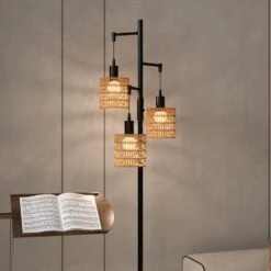 65.03 In. Brown Boho Rattan Dimmable Tree Standing Floor Lamps With 3 LED Edison Bulbs -Lamp Parts brown uixe floor lamps ssl 62531 1 76 1000