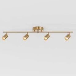 Shura 4-Light Brushed Brass Integrated LED Track Light With Rotatable Heads, 3 Ft. Track Lighting Kit, 3000k, 2240 Lumen -Lamp Parts brushed brass 3000k vidalite track lighting kits ce1009073 fa 1000