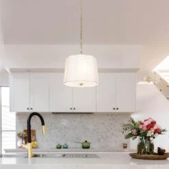 Closs 60-Watt 3-Light Brushed Gold Shaded Pendant Light With White Scalloped Fabric Shade, No Bulbs Included -Lamp Parts brushed brass hampton bay pendant lights 24275 002 c3 1000