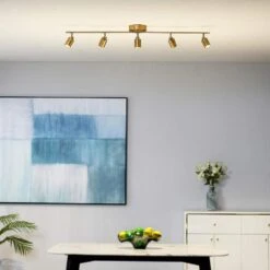 Shura 5-Light Brushed Brass Integrated LED Track Light With Rotatable Heads, 4 Ft. Track Lighting Kit, 3000k, 2450 Lumen -Lamp Parts brushed brass vidalite track lighting kits ce1009074 31 1000