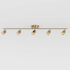 Shura 5-Light Brushed Brass Integrated LED Track Light With Rotatable Heads, 4 Ft. Track Lighting Kit, 3000k, 2450 Lumen -Lamp Parts brushed brass vidalite track lighting kits ce1009074 fa 1000
