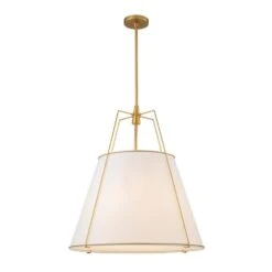 Haven Modern Farmhouse 4-Light Brass Frame Pendant Light With White Fabric Shade For Hallway Or Kitchen -Lamp Parts brushed brass white fabric huoku pendant lights pd1063411l 4f 1000