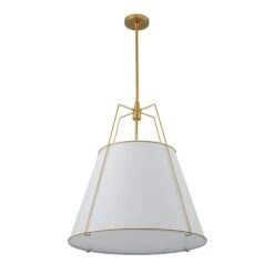 Haven Modern Farmhouse 4-Light Brass Frame Pendant Light With White Fabric Shade For Hallway Or Kitchen -Lamp Parts brushed brass white fabric huoku pendant lights pd1063411l fa 1000