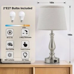 19 In. Touch Brushed Nickel Bedside Table Lamp, 3 Way Dimmable Nightstand Lamps With Linen Lampshade For Living Room -Lamp Parts brushed nickel gtclighting table lamps w 2tl 98008c 1d 1000