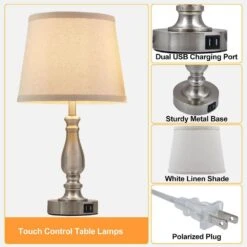 19 In. Touch Brushed Nickel Bedside Table Lamp, 3 Way Dimmable Nightstand Lamps With Linen Lampshade For Living Room -Lamp Parts brushed nickel gtclighting table lamps w 2tl 98008c 1f 1000