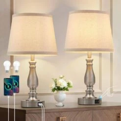 19 In. Touch Brushed Nickel Bedside Table Lamp, 3 Way Dimmable Nightstand Lamps With Linen Lampshade For Living Room