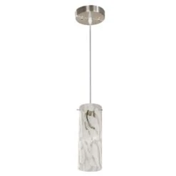 1-Light Brushed Nickel Mini Pendant With Leaf Pattern Etched White Glass