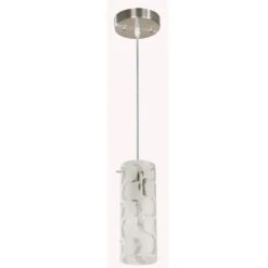 1-Light Brushed Nickel Mini Pendant With Wave Pattern Etched White Glass