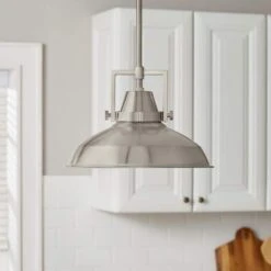 Wilhelm 12 In. 1-Light Brushed Nickel Industrial Farmhouse Pendant Light Fixture With Metal Shade