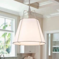 Haven 4-Light 15 In.W Brushed Nickel Modern Drum Pendant Light With Fabric Cover And Acrylic For Kitchen/Living Room