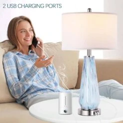 27 In. Tall Faded Swirl Blue Gray Art Glass Table Lamp With USB Ports, 3-Way Dimmable Nightstand Lamps White Drum Shade -Lamp Parts brushed rottogoon table lamps palp220ag2 1d 1000