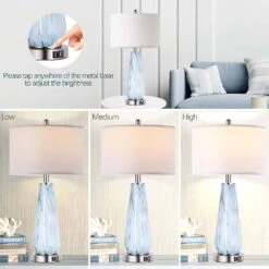 27 In. Tall Faded Swirl Blue Gray Art Glass Table Lamp With USB Ports, 3-Way Dimmable Nightstand Lamps White Drum Shade -Lamp Parts brushed rottogoon table lamps palp220ag2 66 1000