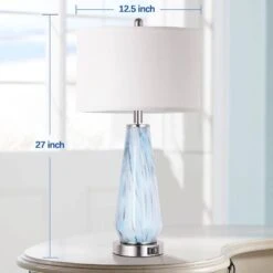 27 In. Tall Faded Swirl Blue Gray Art Glass Table Lamp With USB Ports, 3-Way Dimmable Nightstand Lamps White Drum Shade -Lamp Parts brushed rottogoon table lamps palp220ag2 c3 1000