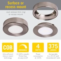 Pruevue Soft Bright White (3000K) Dimmable LED Puck Light, Brushed Steel Finish -Lamp Parts brushed steel armacost lighting puck lights 233415 4f 1000