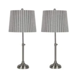 Pair Of 24.25-30 In. Adjustable Brushed Steel Metal Column Table Lamps With Designer Mini-Fluted Shades