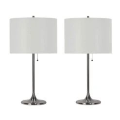 Pair Of 26.5 In. Brushed Steel Metal Column Table Lamps With Designer Shades