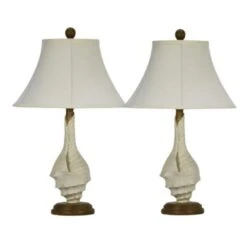Pair Of 25.5 In. Casual Brown/Weathered White Cast Conch Shell Table Lamps With Designer Shades And Finials
