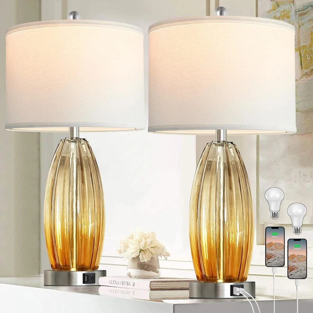 25 In. Table Lamps Set Of 2, Champagne Glass Bedside Lamp For Bedroom With USB C+A Ports (2 Bulbs Included) 7 25 In. Table Lamps Set Of 2, Champagne Glass Bedside Lamp For Bedroom With USB C+A Ports (2 Bulbs Included) - Image 5