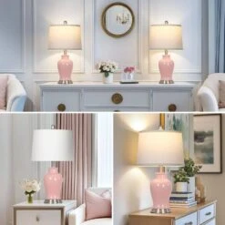 Bedside 23 In. Pink Ceramic Table Lamps Set With Drum Shade And Rotary Switch (Set Of 2) -Lamp Parts cinkeda lamp sets td 617 44 1000