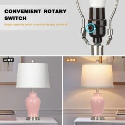 Bedside 23 In. Pink Ceramic Table Lamps Set With Drum Shade And Rotary Switch (Set Of 2) -Lamp Parts cinkeda lamp sets td 617 4f 1000