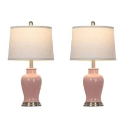 Bedside 23 In. Pink Ceramic Table Lamps Set With Drum Shade And Rotary Switch (Set Of 2)