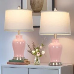 Bedside 23 In. Pink Ceramic Table Lamps Set With Drum Shade And Rotary Switch (Set Of 2) -Lamp Parts cinkeda lamp sets td 617 76 1000