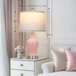 Bedside 23 In. Pink Ceramic Table Lamps Set With Drum Shade And Rotary Switch (Set Of 2) -Lamp Parts cinkeda lamp sets td 617 c3 1000