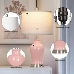 Bedside 23 In. Pink Ceramic Table Lamps Set With Drum Shade And Rotary Switch (Set Of 2) -Lamp Parts cinkeda lamp sets td 617 fa 1000