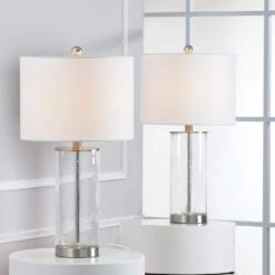 Concord 23.25 In. Nickel Coastal Dimmable Glass Bedroom Living Room Bedside Desk Nightstand Table Lamps Set Of 2 -Lamp Parts clear bubble glass nickel maxax table lamps t27 ni 31 1000