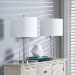 Concord 23.25 In. Nickel Coastal Dimmable Glass Bedroom Living Room Bedside Desk Nightstand Table Lamps Set Of 2