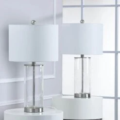 Concord 23.25 In. Nickel Coastal Dimmable Glass Bedroom Living Room Bedside Desk Nightstand Table Lamps Set Of 2 -Lamp Parts clear bubble glass nickel maxax table lamps t27 ni c3 1000