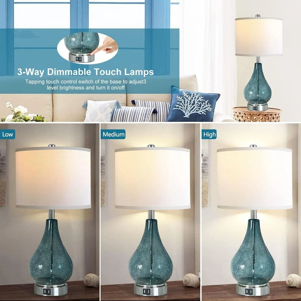 22.5 In. Blue Glass Table Lamp For Living Room Set Of 2 LED Light With Touch Control, 3 Way Dimmable Modern Lamps 5 22.5 In. Blue Glass Table Lamp For Living Room Set Of 2 LED Light With Touch Control, 3 Way Dimmable Modern Lamps - Image 3
