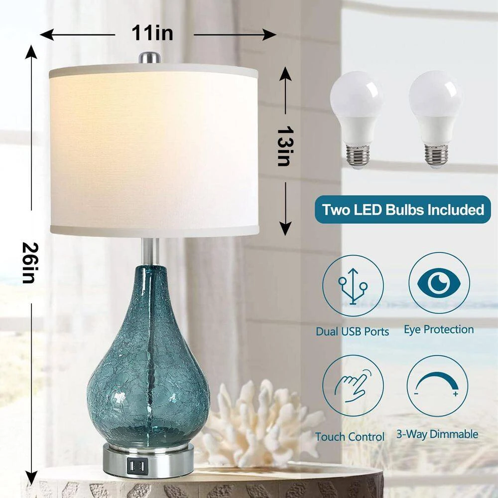 22.5 In. Blue Glass Table Lamp For Living Room Set Of 2 LED Light With Touch Control, 3 Way Dimmable Modern Lamps 6 22.5 In. Blue Glass Table Lamp For Living Room Set Of 2 LED Light With Touch Control, 3 Way Dimmable Modern Lamps - Image 4