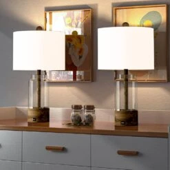 Concord 24 In. Clear Vintage Dimmable Glass Bedroom Living Room Bedside Desk Table Lamps Usb Port Set Of 2 -Lamp Parts clear glass and gray resin maxax table lamps t186 wd 31 1000
