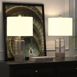 Concord 24 In. Clear Vintage Dimmable Glass Bedroom Living Room Bedside Desk Table Lamps Usb Port Set Of 2 -Lamp Parts clear glass and gray resin maxax table lamps t186 wd c3 1000