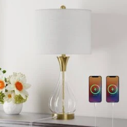 26 In. Clear Modern Dimmable Glass Bedroom Living Room Bedside Desk Nightstand Table Lamps USB Port -Lamp Parts clear maxax table lamps t251 wh s e1 1000