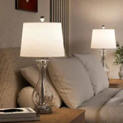 25.5 In. Clear Modern Glass Bedroom Living Room Bedside Desk Nightstand Table Lamps (Set Of 2) -Lamp Parts clear maxax table lamps t78 wh 44 1000