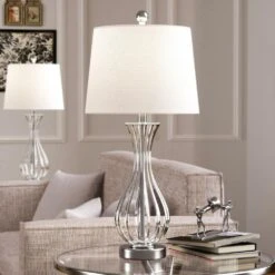 25.5 In. Clear Modern Glass Bedroom Living Room Bedside Desk Nightstand Table Lamps (Set Of 2) -Lamp Parts clear maxax table lamps t78 wh e1 1000