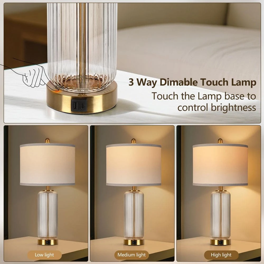 26'' Modern Clear Glass Table Lamps Set Of 2,3-Way Dimmable Bedside Lamps With USB A+C Ports& Touch Control For Bedroom 7 26'' Modern Clear Glass Table Lamps Set Of 2,3-Way Dimmable Bedside Lamps With USB A+C Ports& Touch Control For Bedroom - Image 5