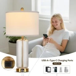 26'' Modern Clear Glass Table Lamps Set Of 2,3-Way Dimmable Bedside Lamps With USB A+C Ports& Touch Control For Bedroom 17 26'' Modern Clear Glass Table Lamps Set Of 2,3-Way Dimmable Bedside Lamps With USB A+C Ports& Touch Control For Bedroom -Lamp Parts clear rottogoon table lamps wtlp479an2 31 1000