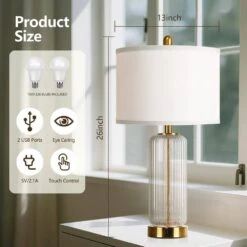 26'' Modern Clear Glass Table Lamps Set Of 2,3-Way Dimmable Bedside Lamps With USB A+C Ports& Touch Control For Bedroom 15 26'' Modern Clear Glass Table Lamps Set Of 2,3-Way Dimmable Bedside Lamps With USB A+C Ports& Touch Control For Bedroom -Lamp Parts clear rottogoon table lamps wtlp479an2 66 1000