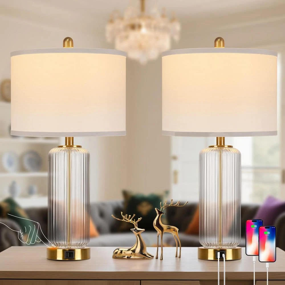 26'' Modern Clear Glass Table Lamps Set Of 2,3-Way Dimmable Bedside Lamps With USB A+C Ports& Touch Control For Bedroom 4 26'' Modern Clear Glass Table Lamps Set Of 2,3-Way Dimmable Bedside Lamps With USB A+C Ports& Touch Control For Bedroom - Image 2