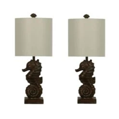 Pair Of 22 In. Coastal Brown Cast Seahorse Table Lamps With Designer Shades And Finials