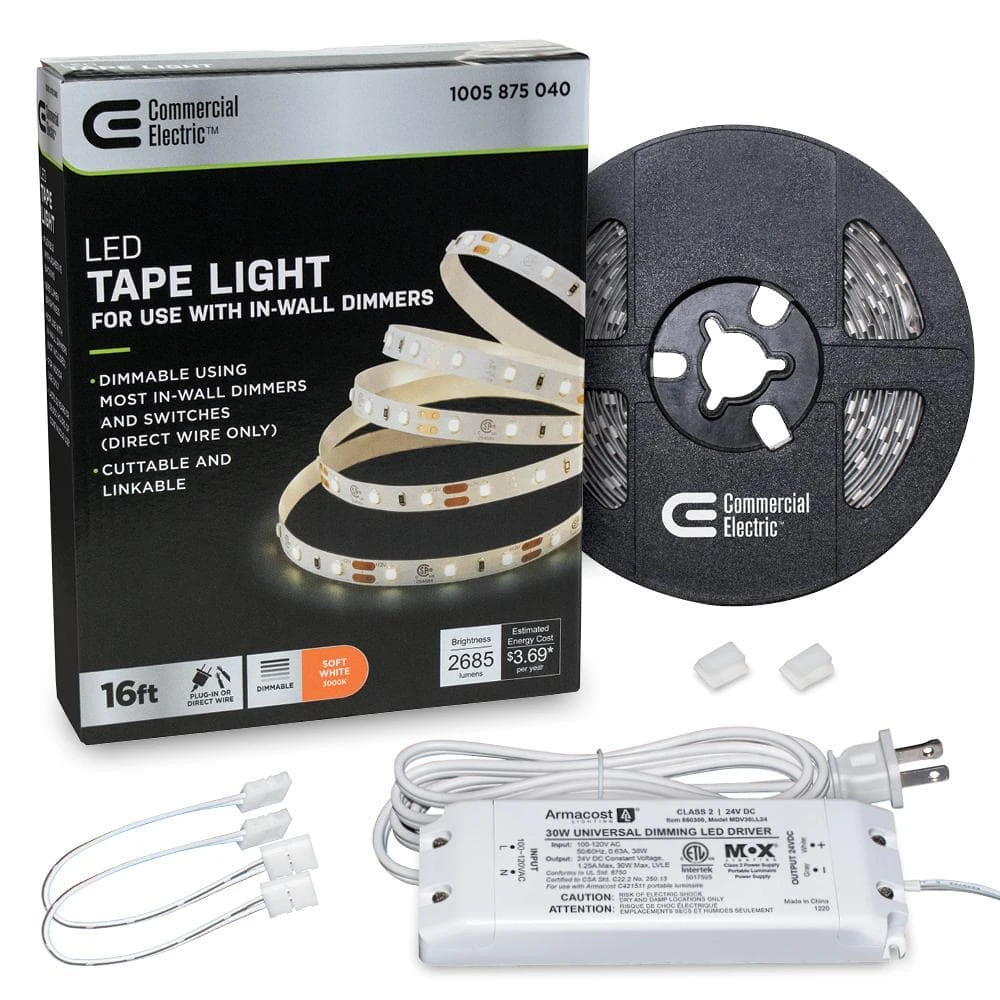 16 Ft. LED AC Dimmable White Tape Light Kit Under Cabinet Light 3 16 Ft. LED AC Dimmable White Tape Light Kit Under Cabinet Light