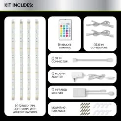 4 Ft. Plug-In Cuttable/Linkable Integrated LED RGBW Indoor Under Cabinet Tape Strip Light Kit W/Remote (4-Strip Pack) 16 4 Ft. Plug-In Cuttable/Linkable Integrated LED RGBW Indoor Under Cabinet Tape Strip Light Kit W/Remote (4-Strip Pack) -Lamp Parts commercial electric led strip lights tape12rgb3khd 4 66 1000