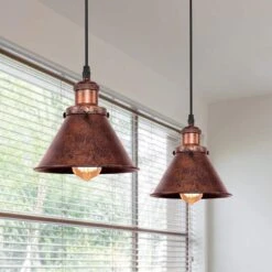Barn 1-Light Antique Copper Cone Mini Pendant Light With Bell Metal Shade Dimmable Adjustable Hanging Barn Light(2-PCS) -Lamp Parts copper 2 pcs huoku pendant lights pd1004341 2p 31 1000