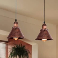 Barn 1-Light Antique Copper Cone Mini Pendant Light With Bell Metal Shade Dimmable Adjustable Hanging Barn Light(2-PCS)