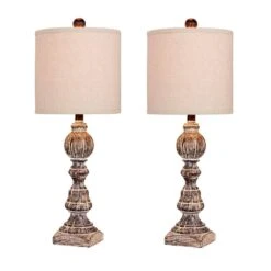 Pair Of 26 In. Distressed Balustrade Resin Table Lamps In A Cottage Antique Brown