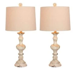 26.5 In. Pair Of Distressed Resin Table Lamps In A Cottage Antique White
