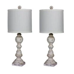 Pair Of 26 In. Distressed Balustrade Resin Table Lamps In A Cottage Antique White